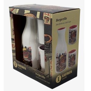 Burgerzilla Sake Bottle & Cup Set By Ilustrata.NWT
